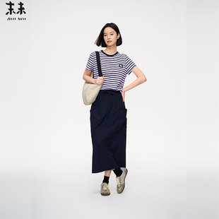 MIIWII末未25夏藏青色长筒裙设口袋工装 半身裙女Q252409