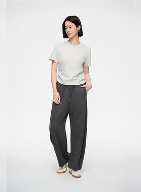 MIIWII末未25夏浅灰色全棉抽绳圆领短袖双面针织上衣T252322