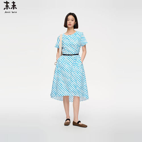 MIIWII末未25夏蓝白条纹全棉圆领收腰显瘦正肩连衣裙女L252618