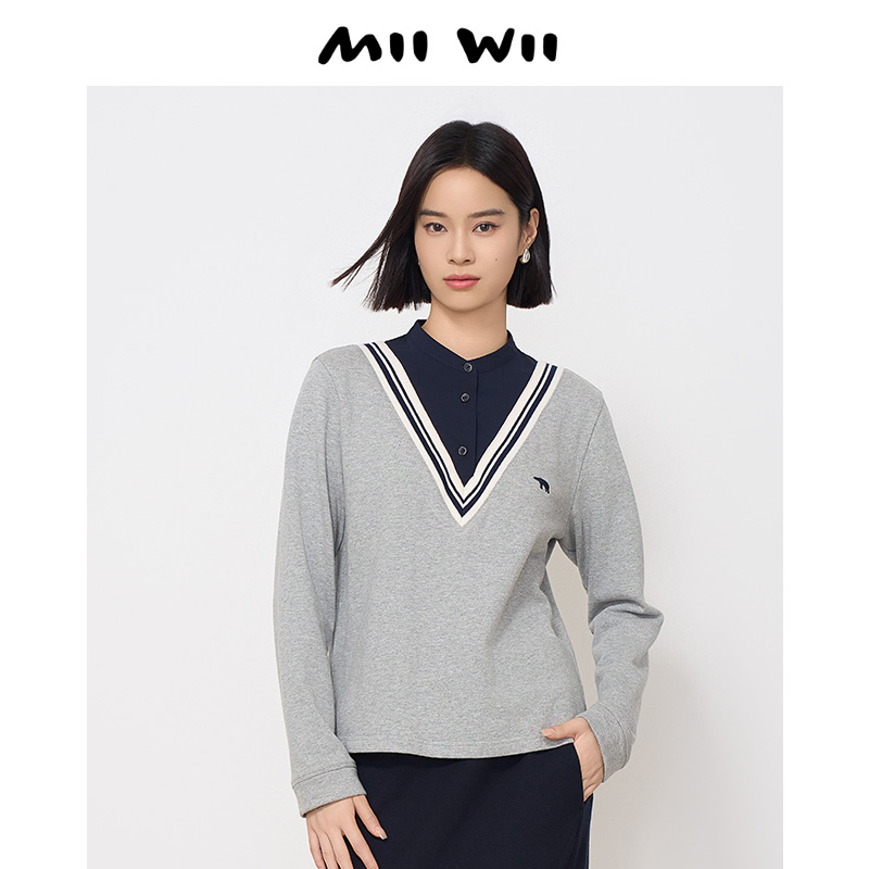 末未MIIWII24冬长袖灰色百搭拼接针织上衣S244122女士