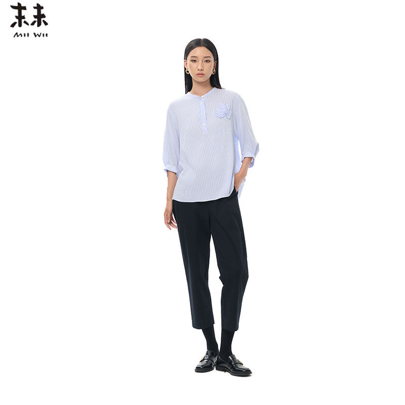 MIIWII末未25秋藏青色微弹磨毛料长裤简约垂感窄款裤子女K253117