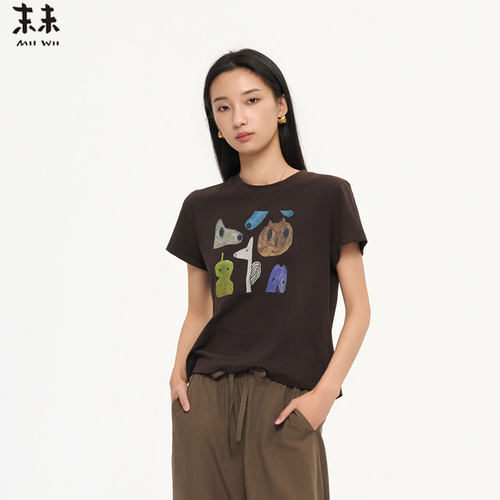 MIIWII末未26夏深咖色休闲印花短袖百搭休闲上衣图案T恤T262328