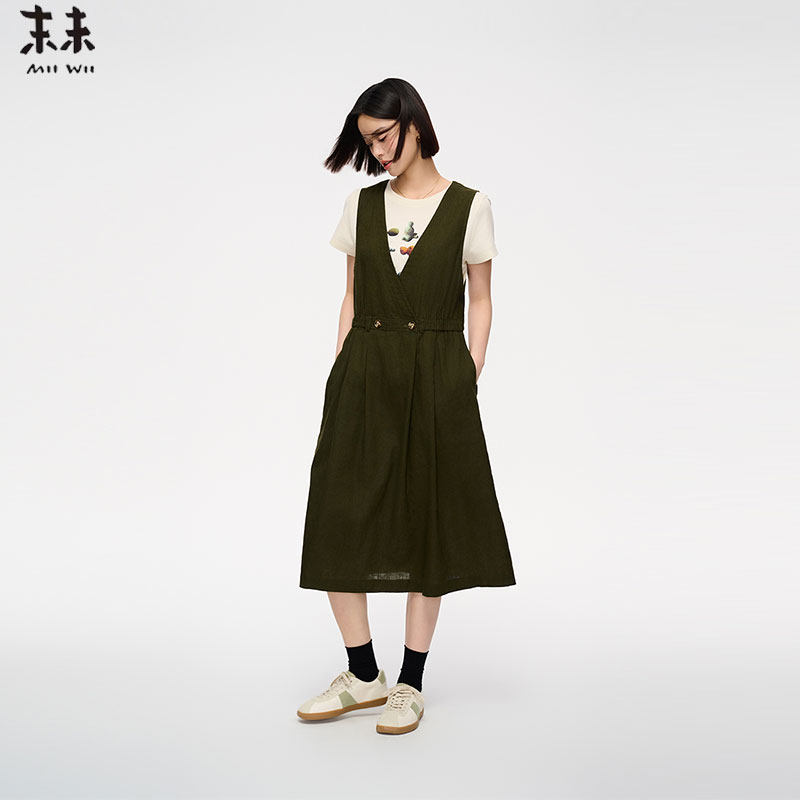 MIIWII末未25夏军绿色V领连衣裙棉麻收腰背心裙女L252254