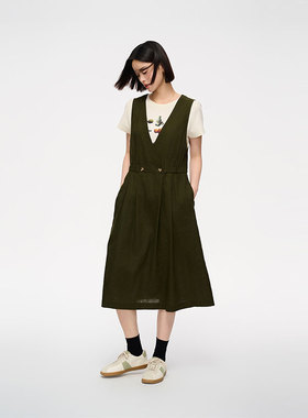 MIIWII末未25夏军绿色V领连衣裙棉麻收腰背心裙女L252254
