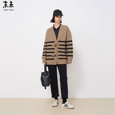 MIIWII末未24冬咖黑条纹v领百搭中长款日系针织开衫外套女X244420