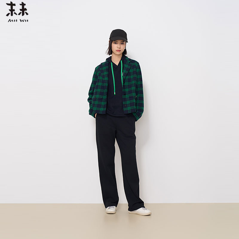 MIIWII末未24冬绿黑格纹毛呢外套翻领通勤西装短款外套女W244135