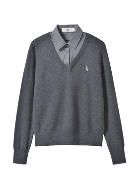 MIIWII末未25冬深灰色衬衫领针织套头衫假两件衬衫毛衣女X254329