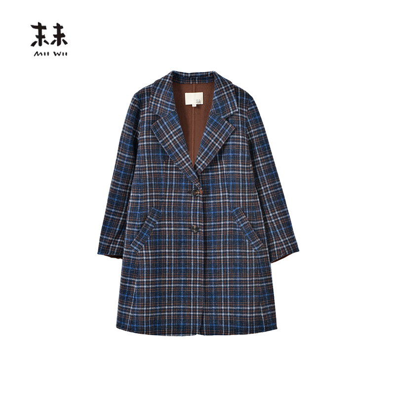 【断码清仓】MIIWII末未蓝咖格纹翻领色织格双面呢大衣D214150