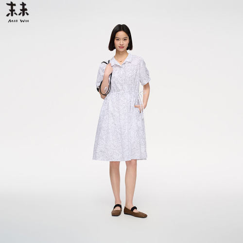 MIIWII末未25夏白色全棉衬衫领收腰花卉连衣裙女L252421