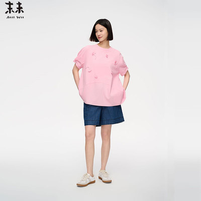 MIIWII末未25夏粉色花朵圆领短袖麻感宽松上衣女S252401
