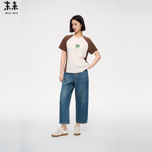 拼接针织T恤上衣女T252329 MIIWII末未25夏咖拼白圆领短袖