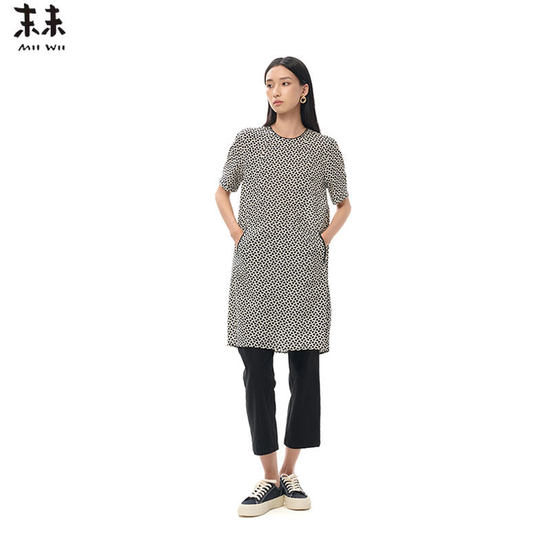 MIIWII末未25秋黑白花全棉连衣裙宽松垂感直筒裙连衣裙女L253146