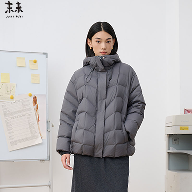 MIIWII末未25冬灰色连帽外套通勤日常百搭保暖羽绒服女R254505