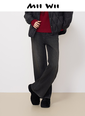 末未MIIWII24冬黑色百搭显瘦拉绒牛仔宽腿裤K244207女士