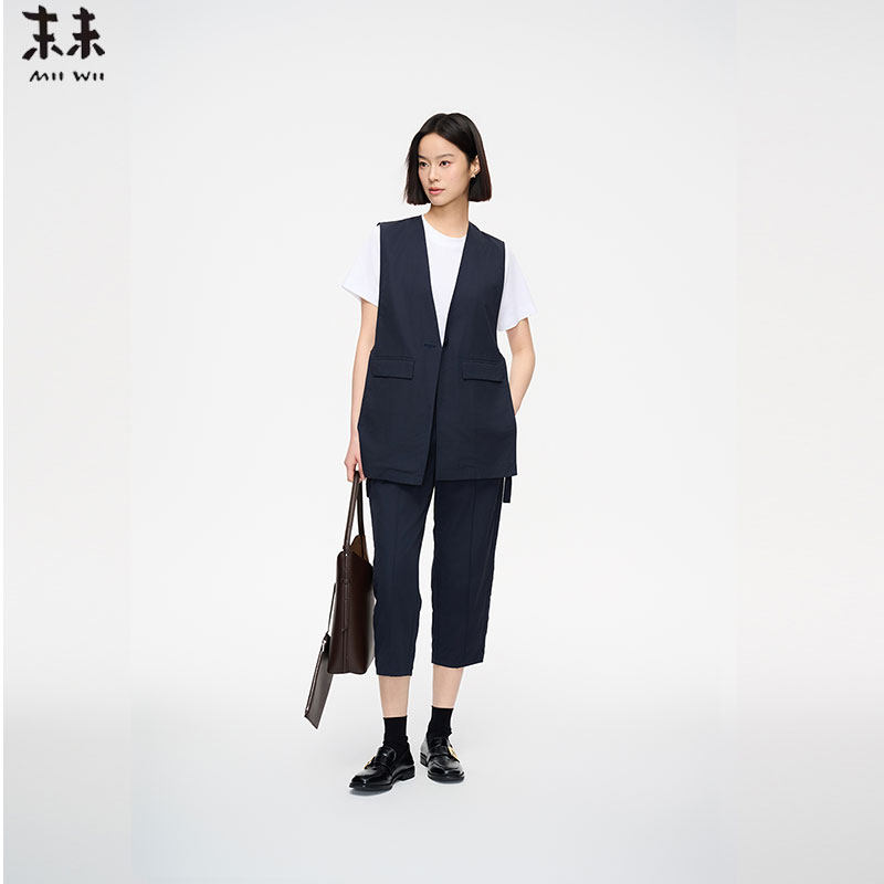 MIIWII末未25夏藏青色棉锦斜纹料百搭马甲外套女W252118