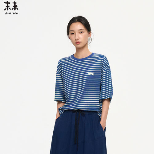MIIWII末未26夏蓝白条全棉圆领T恤条纹针织衫宽松短袖上衣T262112