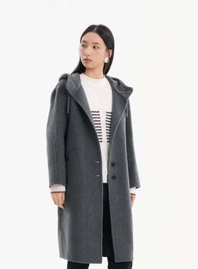 MIIWII末未25冬灰色长款大衣双面呢连帽通勤大衣外套女D254525
