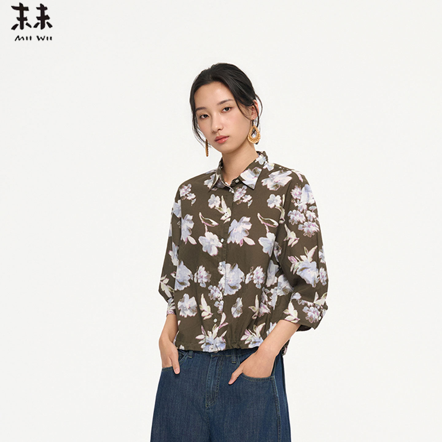MIIWII末未26夏绿花料衬衫领上衣全棉印花挺括量感衬衫C262229