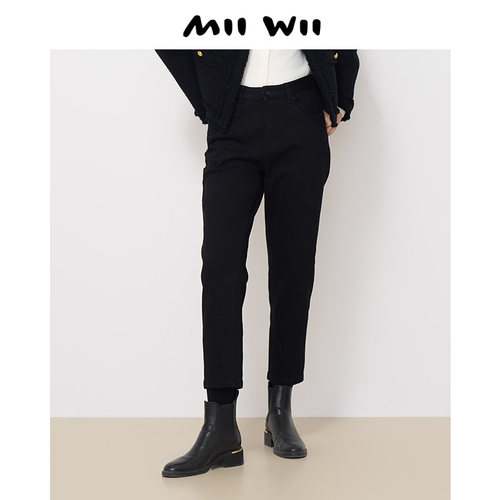 MIIWII末未24冬黑色百搭高弹磨毛牛仔女士长裤K244504
