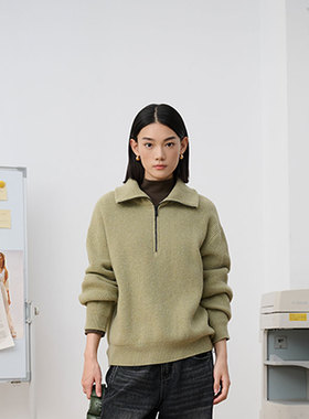 MIIWII末未25冬绿色全羊毛翻领针织套头衫通勤针织衫女X254120
