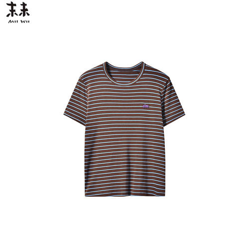 MIIWII末未26夏咖蓝条圆领通勤短袖上衣T恤条纹针织衫T262528