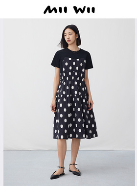 末未MIIWII24夏黑底白波点拼接连衣裙L242242女士