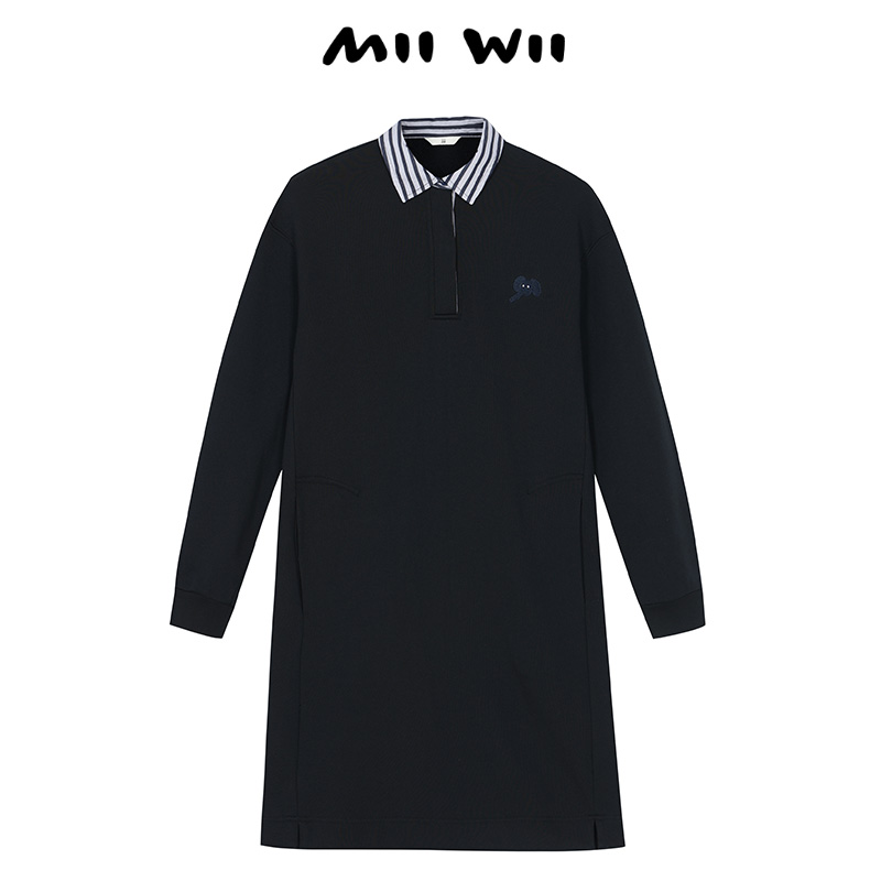 末未MIIWII24冬黑色针织拼接格纹衬衫领全棉连衣裙L244109女士