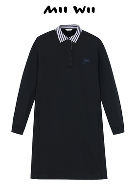 末未MIIWII24冬黑色针织拼接格纹衬衫领全棉连衣裙L244109女士