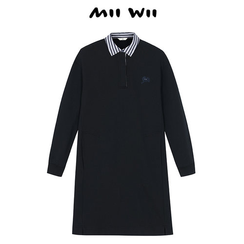 末未MIIWII24冬黑色针织拼接格纹衬衫领全棉连衣裙L244109女士