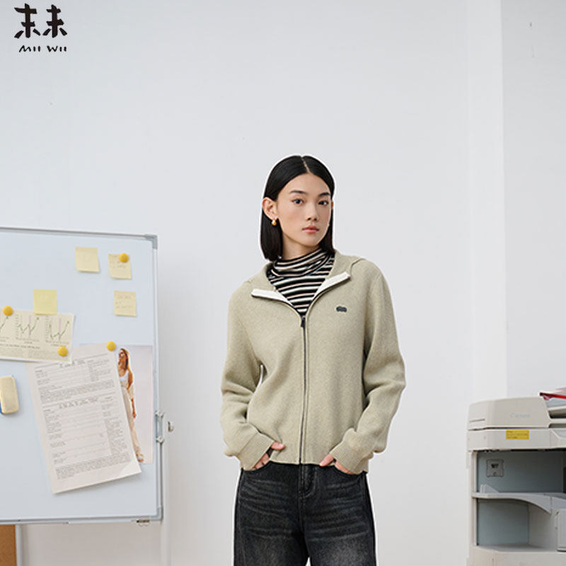 MIIWII末未25冬灰绿色连帽针织开衫外套休闲卫衣开衫女X254119