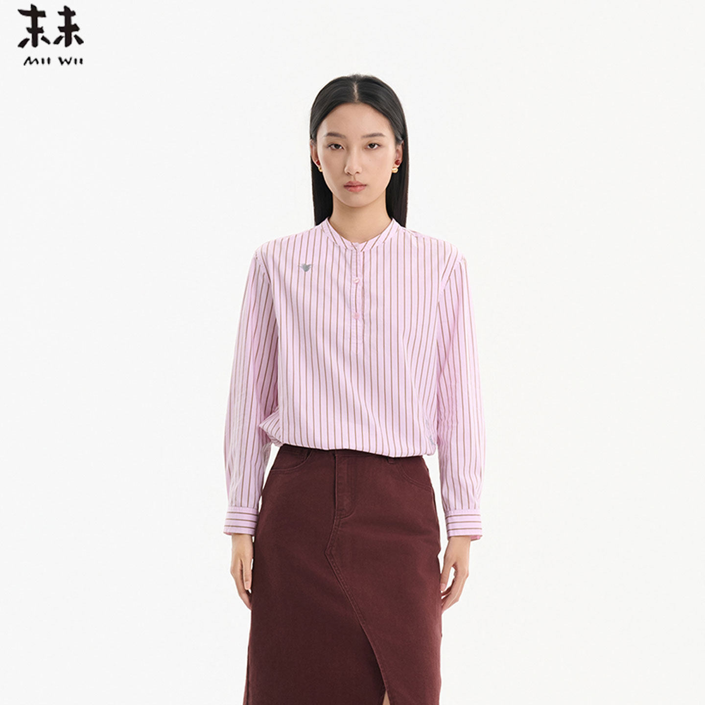 MIIWII末未26春粉咖条纹圆领正肩衬衫休闲百搭长袖上衣C261118图片