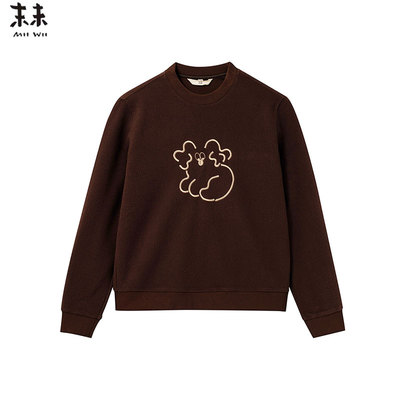 MIIWII末未25冬咖色圆领拉绒针织上衣动物图案卫衣女S254409