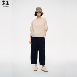 宽松盐缩料上衣S252527 MIIWII末未25夏米杏色休闲圆领短袖
