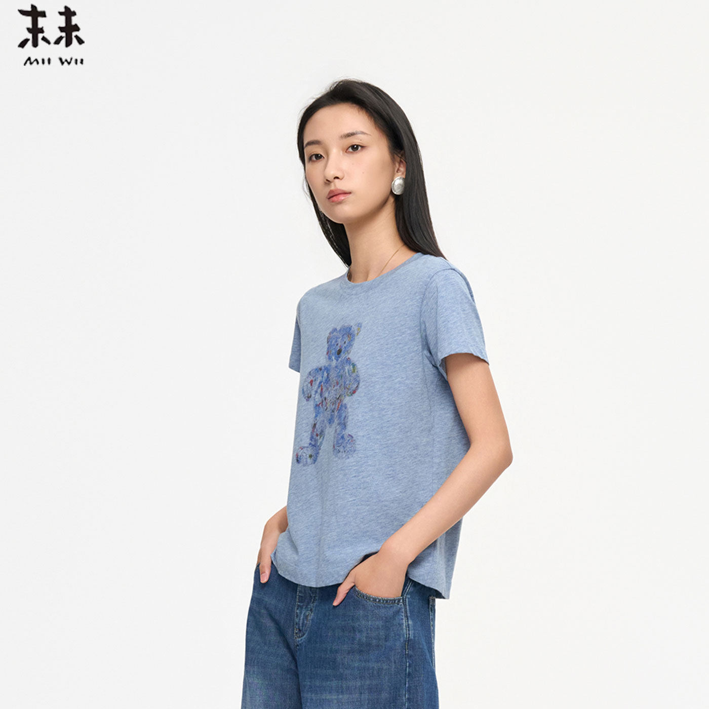 MIIWII末未26夏圆领天丝棉针织绘画小熊趣味简笔图案T恤T262408