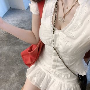 法式 包臀半裙两件套女 棉蕾镂空提花设计小U领花边上衣短袖 上衣
