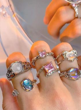 rings women复古月光石戒指小众设计高级感开口可调节食指戒Ring