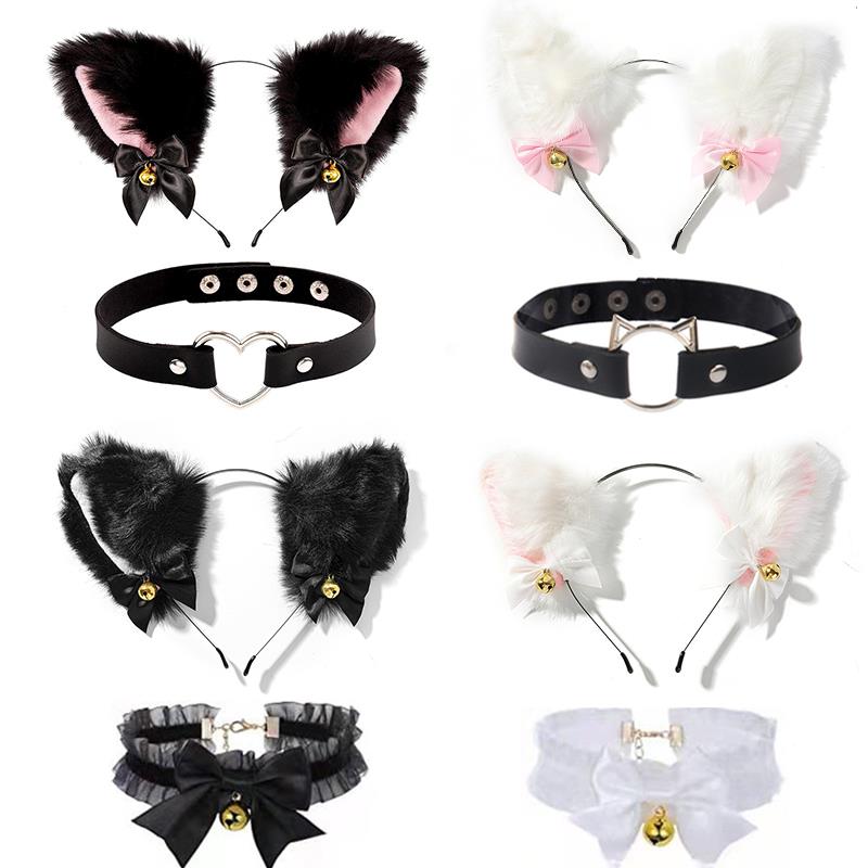 1set Cat Ears Bow Headband Necklace Cosplay Rabbit Ear Plush