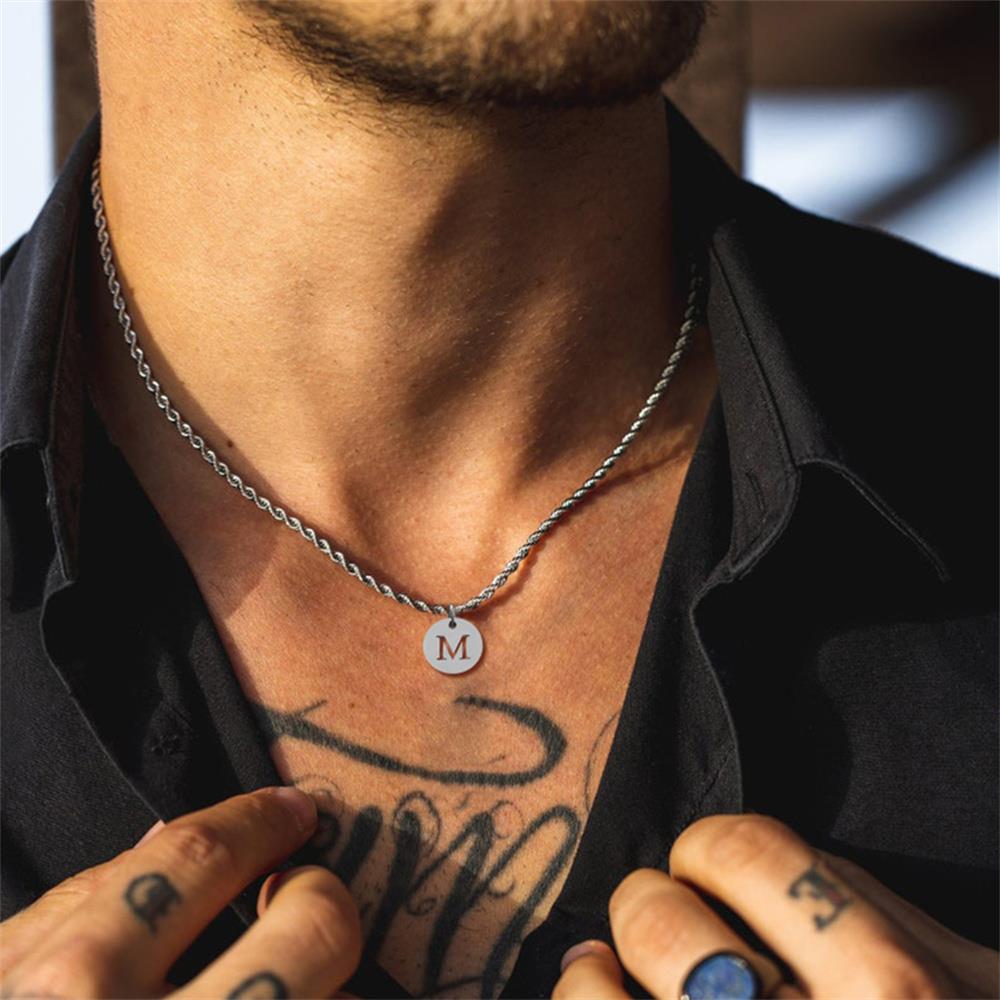 New Fashion Round A-Z Initial Letter Pendant Necklace Men