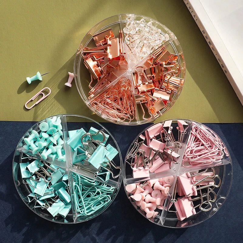 72Pcs Color Binder Clips Paper Clips Push Pin Set Rose Gold