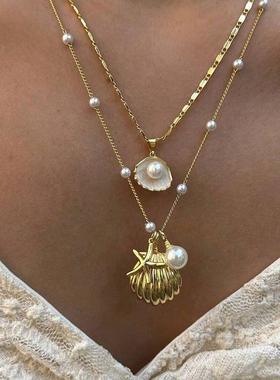 Pearl Chain Shell Necklace跨境新款海星贝壳珍珠炼锁骨炼项炼女