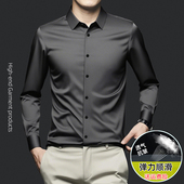 衬衫 男士 抗皱免烫夏季 高端真丝感长袖 黑白纯色大码 商务高级感衬衣