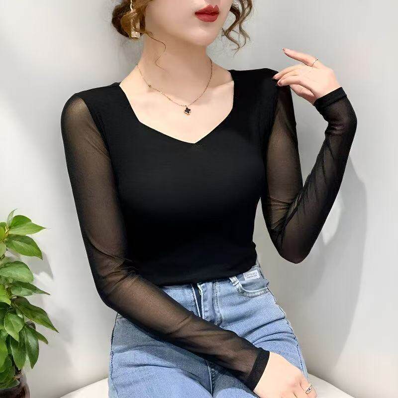 早秋网纱V领修身长袖打底T恤女