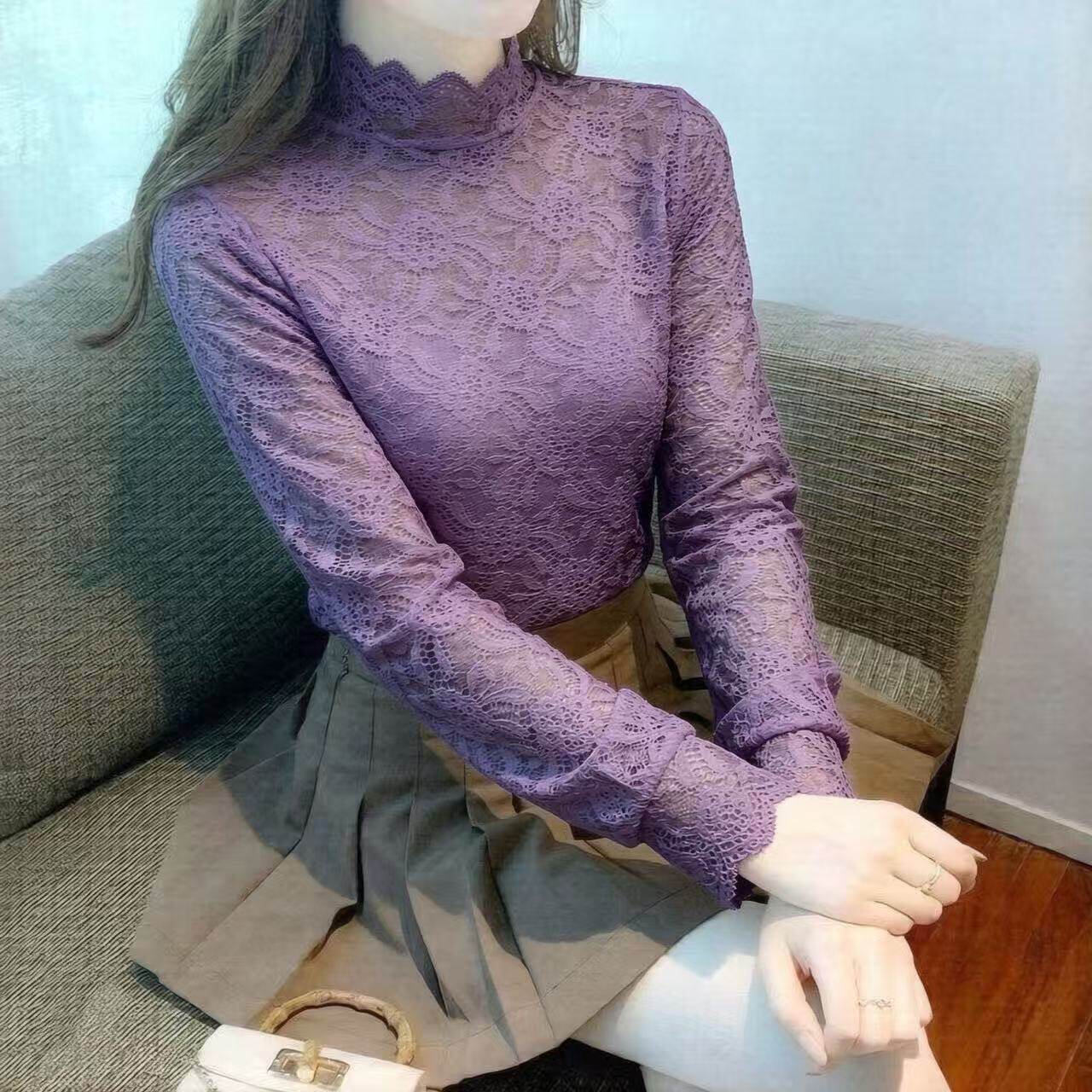 法式蕾丝打底衫女长袖秋冬修身