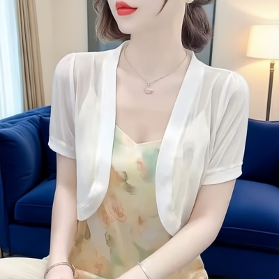 冰丝短袖透气开衫女夏披肩短款高腰小坎肩吊带裙外搭薄外搭罩衫