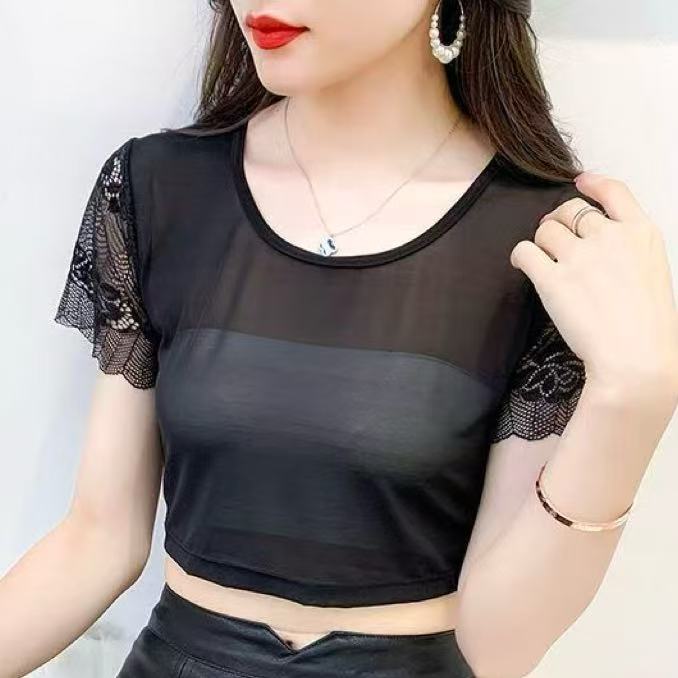 夏季轻薄网纱蕾丝短袖打底小衫女