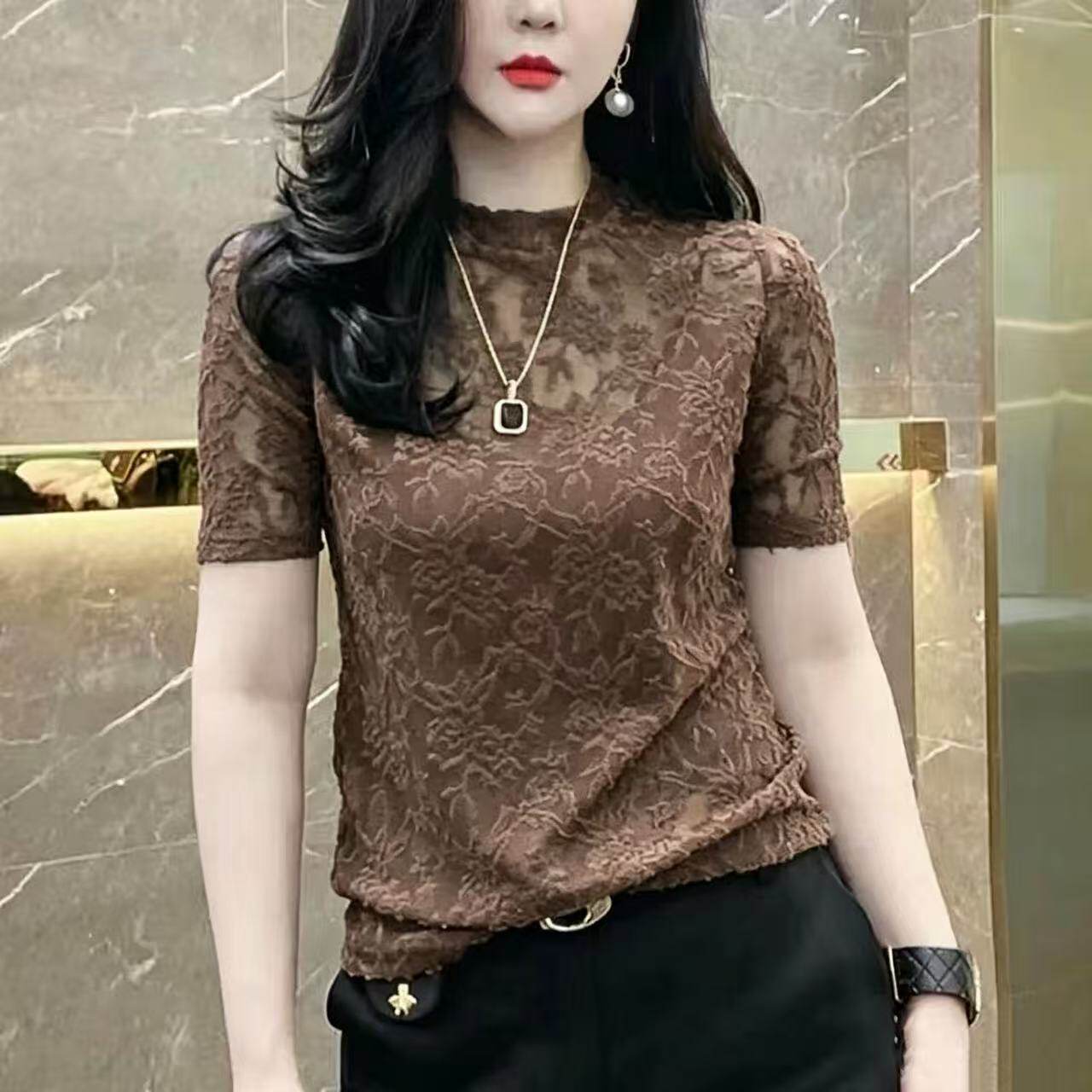 2026春夏蕾丝网纱短袖显瘦上衣