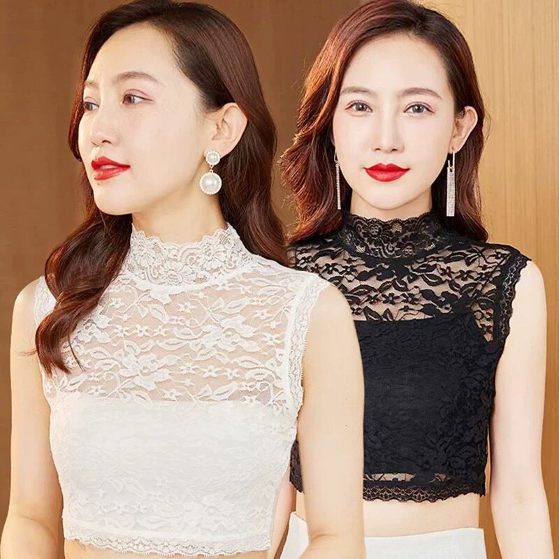镂空蕾丝半高领假领背心女秋冬无袖修身短打底黑白色气质叠穿上衣