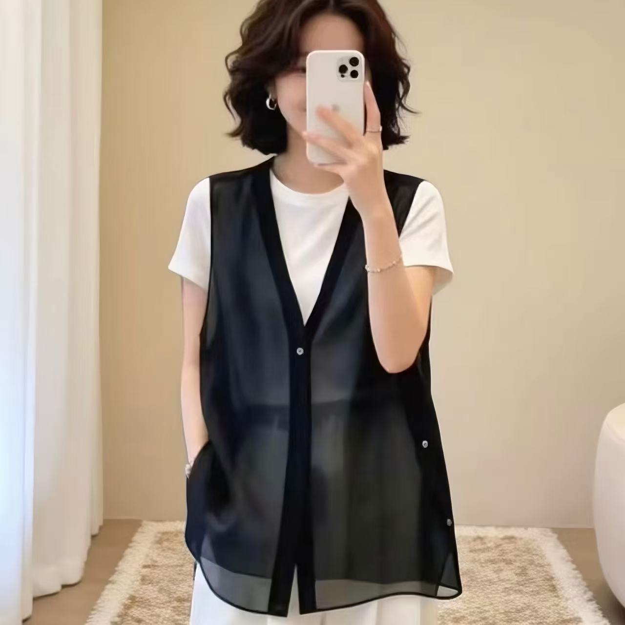 四季百搭雪纺V领显瘦背心女百搭