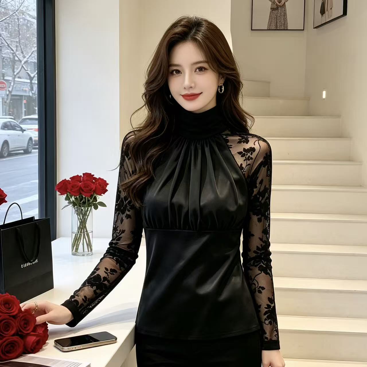秋季高领蕾丝网纱打底衫女