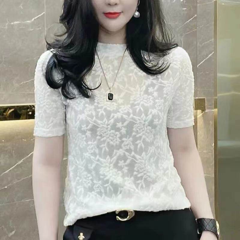 夏季白色蕾丝镂空修身短袖T恤女